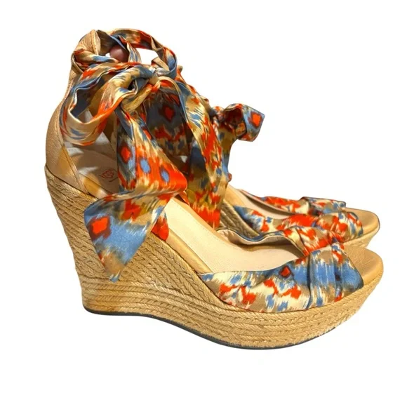 UGG Australia wedges Luciana espadrille orange blue silk ankle wrap heels size 8 - Picture 1 of 12